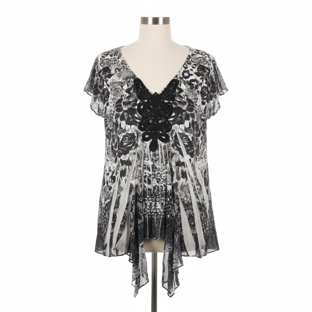 Dressbarn Shirt Blouse XL Sheer Overlay Embellished Black White Floral Y2K Fairy